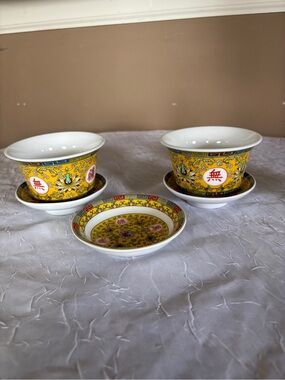 Yellow Floral Porcelain Tea Cups with Saucers - Set of 3